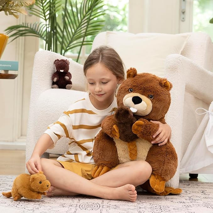 MaoGoLan 4Pcs Beaver Stuffed Animals with Three Babies Inside,17.7" Fluffy Giant Beaver Plush Gift,Funny Beave Plushie Woodland Toys for Kids,Teens,Baby Shower,Christmas