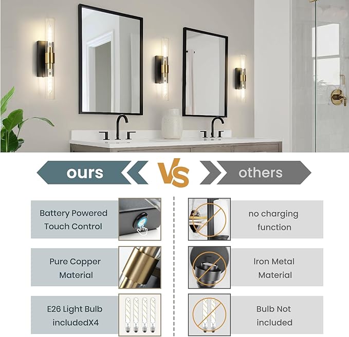 Wall Sconce Set of Two, Battery Operated Wall Sconce, Rechargeable Wall Lamp with Remote, Indoor Non-Hardwired Wall Sconces, Modern Vanity Light for Bedroom, Hallway, Aisle