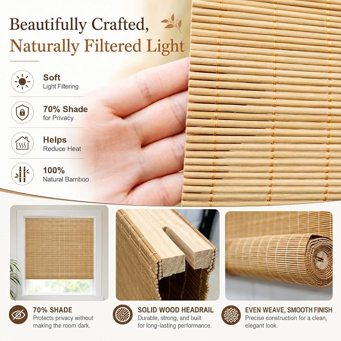 No Drill Bamboo Blinds for Interior Windows, Bamboo Shades for Indoor Windows, Roller Shades for Indoor Window and Outdoor Patio, Easy to Install for Home & Porches