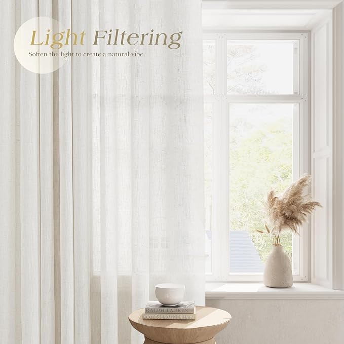Nanspring Cream Linen Curtains 102 Inches for Living Room 2 Panels Set Light Filtering Privacy Semi Sheer Extra Long Drapes Modern Elegant Cotton Textured Grommet Gauze Window Sheer Curtain 52x102