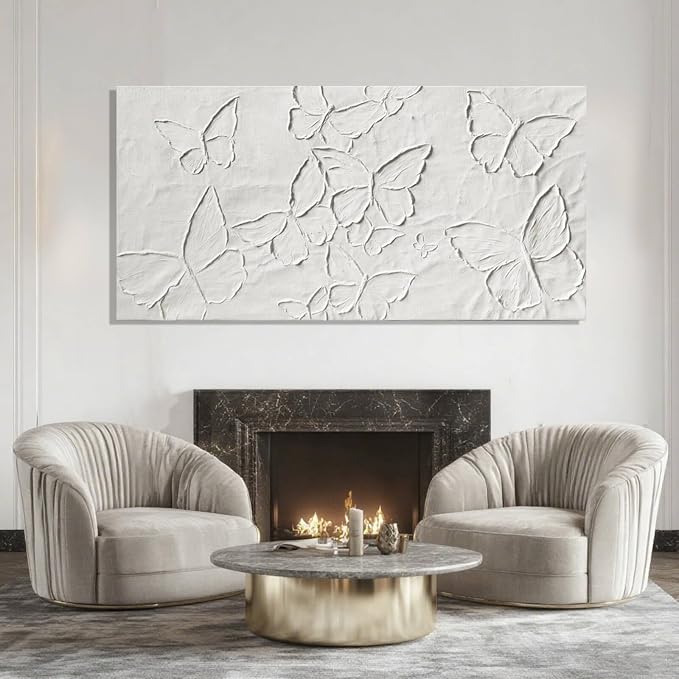 SHEYOYE White Minimalist Wall Art | Canvas Painting, Butterfly Modern Abstract Art Wall Decor for Bedroom, Living Room and Office Hallway Wall Decor 24" x 48"