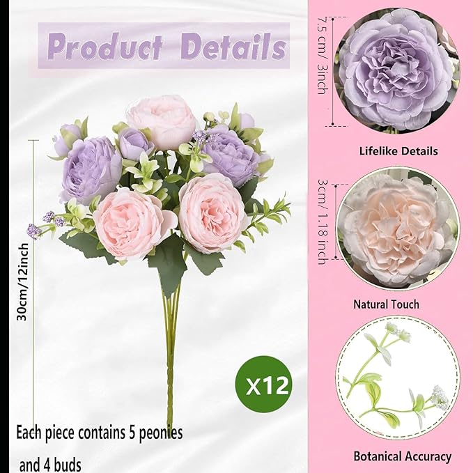 12 Bundles Peonies Artificial Flowers Bouquet, Lifelike Silk Fake Peonies with Stems for Home Table Centerpieces, Wedding, Party & DIY Bridal Floral Arrangements（Light Purple）