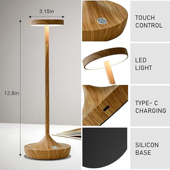 Set of 2 Cordless Table Lamps, Rechargeable 6000mAh LED Desk Lamps, Up to 72 Hours, Touch Control with 3-Level Dimming, Waterproof for Restaurant, Dining, Patio & Home Decor (Bamboo Pattern)