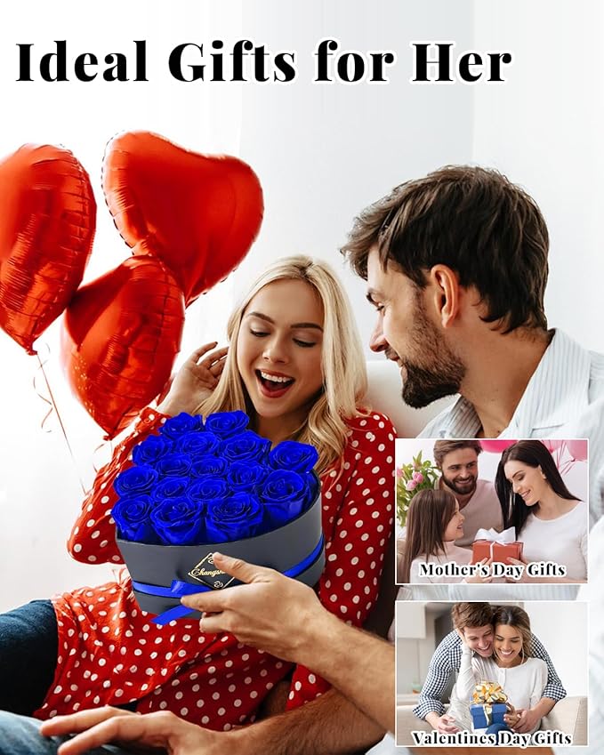 Changshunqi 16 Flowers Forever Preserved Roses in Box, Forever Flowers Womens Birthday Gifts for Women Mothers Blue Rose Gift for Her Romantic Eternal Real Rose for Women Mom Wife