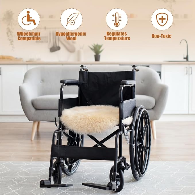 Drydiet 2 Pcs Natural Sheepskin for Bed Sores and Skin Imitation Wool Medical Sheepskins with Non-Slip Back for Pain Relief and Discomfort, Wool Seat Pad, 17 in x 17 in(Circle,Beige)