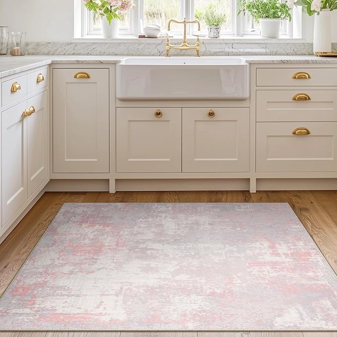 RELEANY Washable Area Rugs 4'x6' Non-Slip Modern Abstract Soft for Living Room Entryway Bedroom Nursery, Print Pattern, Grey Pink