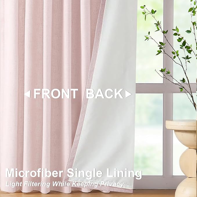 Vision Home Pink Pinch Pleated Light Filtering Curtains with Microfiber Liner 95 inch Linen Blended Textured Privacy Drapes for Living Room Girls Bedroom Back Tabs with Hooks 2 Panels 40" Wx95 L