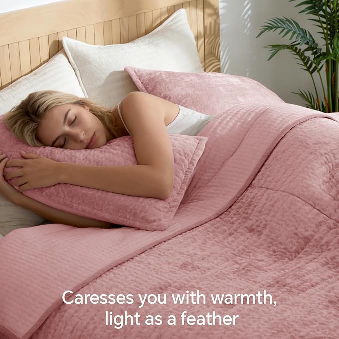 BEDELITE Velvet Quilt Set King Size - Luxury Soft Velvet Comforter Bedding Set for All Season, Lightweight Quilted Channel Stitch Oversized Bedspread Coverlet with 2 Matching Shams, Rose Pink