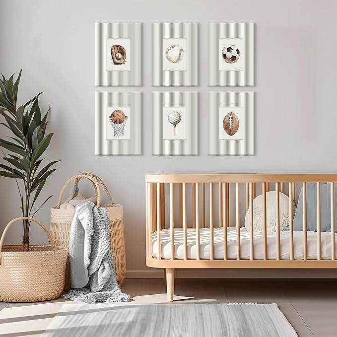 Sports Wall Art Decor Toddler Boys Room Canvas Prints Vintage Sports Nursery Wall Decor Baby Kids Poster Football Baseball Pictures Basketball Artwork for Children Bedroom 8x10x6 Inch Ready to Hang