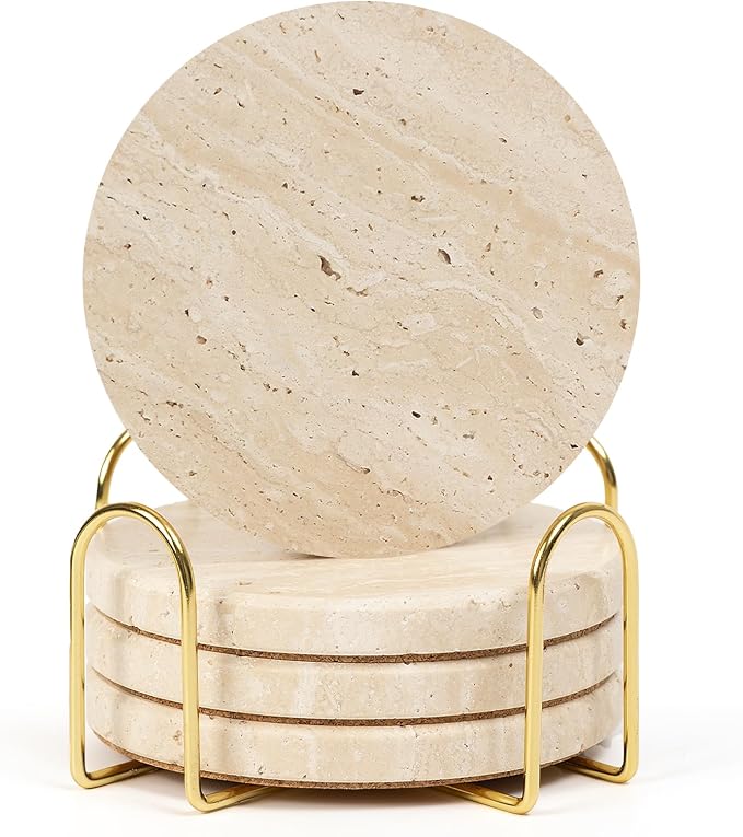 Travertine Marble Coasters with Holder, Set of 4 Elegant Rustic Farmhouse Coasters for Drinks, Neutral Warm Beige Stone Coaster for Any Home Decor, Gift Boxed for Housewarming Wedding Hostess