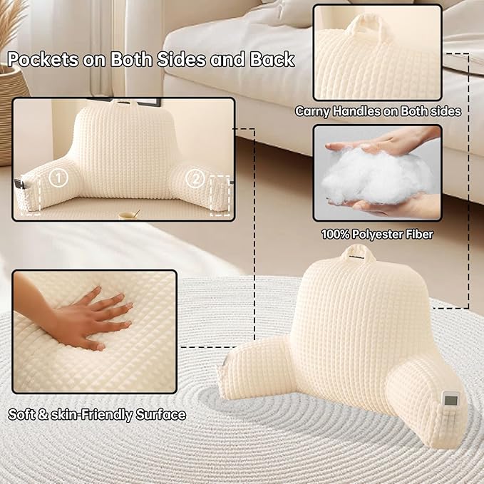 Reading Pillow with Arms for Sitting in Bed,Backrest,White Flannel,M | 17" Backrest Supports Back for College Students,Elbows & Forearms for Dorm Reading,Gaming,Watching TV
