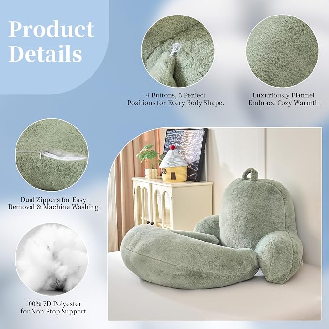 19" Reading Pillow for Bed,U Shaped Arm & Elbow Support,Green Faux Fur | Backrest Supports Back,U Shaped Lap Pillow Cushions Arms,Elbows & Wrists,Plush Faux Fur for Reading,Gaming,Watching TV