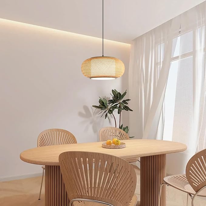 Antique Rattan Lantern Pendant Lighting – 1-Light Natural Bamboo Weave Japanese Hanging Light with Adjustable Cord, Beige Boho Ceiling Fixture for Dining Room, Living Room, Restaurant, Kitchen Island