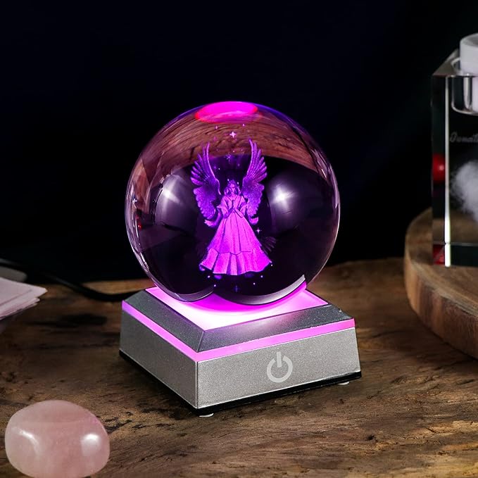 3D Guardian Angel Figurines K9 Crystal Ball with Silver LED Base Memorial Angel Gifts for Friends Women Glass Decor for Home (3.15 in.)