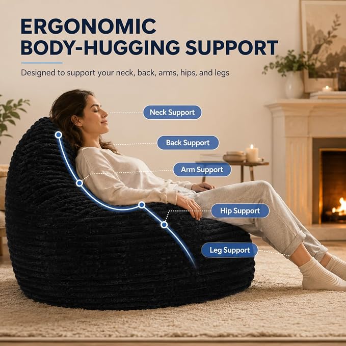 Simple Deluxe 3.25 ft Faux Fur Memory Foam Bean Bag Chair, Large Comfy Lazy Chair for Adult with Washable Cover, Perfect for Reading Gaming in Living Room Bedroom, Black