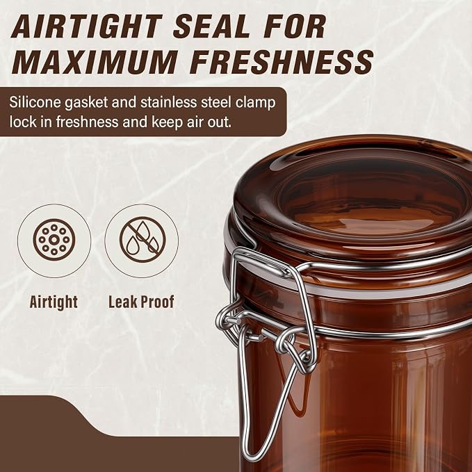 Norme 6 Pack 8oz Amber Airtight Glass Jars with Lids, Cylinder Food Storage Container Airtight Food Wire Clip Fastening for Sauerkraut Flour Kitchen Sugar Cereal Kitchen Canning Pickling Mason Jars