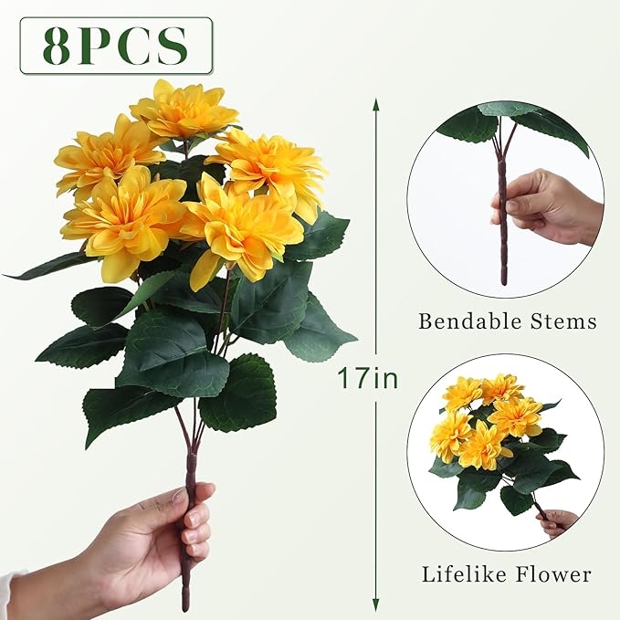 VIERENA 8 Bundles Artificial Dahlia Flowers for Outdoors Spring Summer Decor, No Fade Silk Flower Faux Dahlias Plant Arrangement for Home Garden Balcony Farmhouse（Yellow）