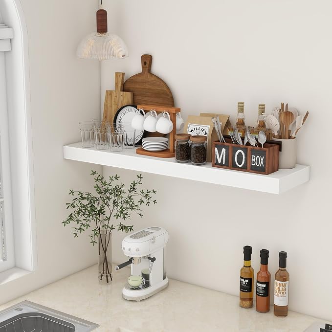 FLYJOE Deep Floating Shelves, 48 Inch White Shelves Set of 1 | 12 Inch Deep Shelves for Wall, 48'' x 12'' Rustic White Wood Shelves for Bathroom Living Room Laundry Room Kitchen