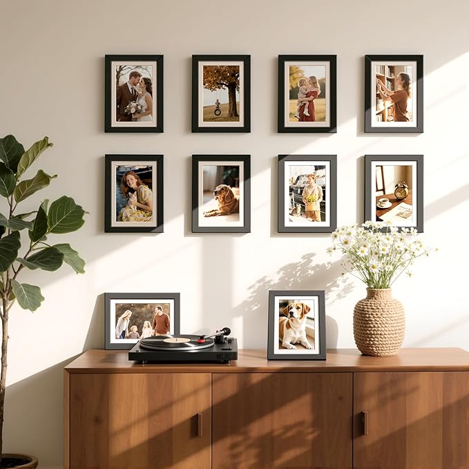 HappyHapi 5x7 Picture Frames Black Set of 10, Tabletop or Wall Display Pictures 4x6 with Mat or 5x7 Without, Multi Photo Frames Collage