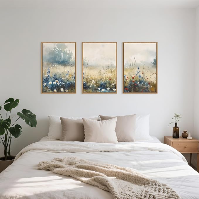Nature Wildflower Framed Canvas Wall Art Set, Pastoral Landscape Wall Decor, Colorful Meadow Wall Painting, Rustic Floral Art Print for Living Room, Bedroom, Office - 24"X36"X3