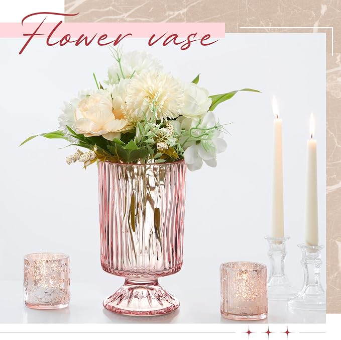 6 Pcs (H: 7" W: 4") Embossed Flower Vase Pedestal Glass Vase Big Base Thickened Crystal Vintage Vases for Wedding Party Home Decor Table Centerpiece House Warming Gifts (Pink,Classic)
