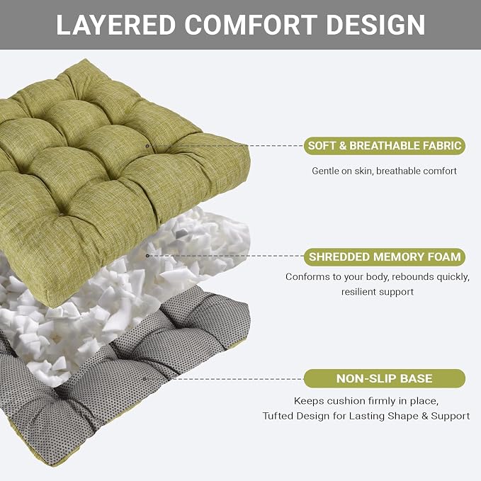 Large Square Floor Cushions Set of 2, 22 x 22 Inch with Non-Slip Bottom, Memory Foam Floor Pillow for Sitting, Meditation & Yoga, Soft Supportive Floor Seating Cushion for Adults & Kids (2, Green)