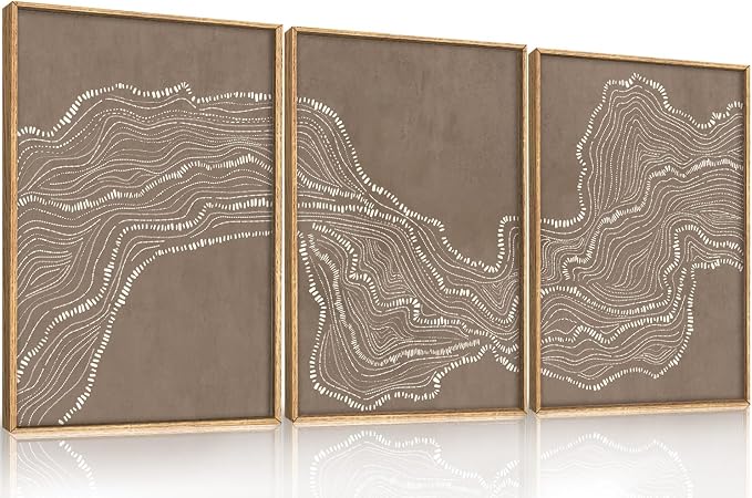 BICERE Abstract White Wave Framed Canvas Wall Art,Modern Minimalism Wall Decor,Neutral Geometric Line Art Painting,Textured Brown Artwork for Living Room,Bedroom,Dining Room,Office - 12"x16"x3