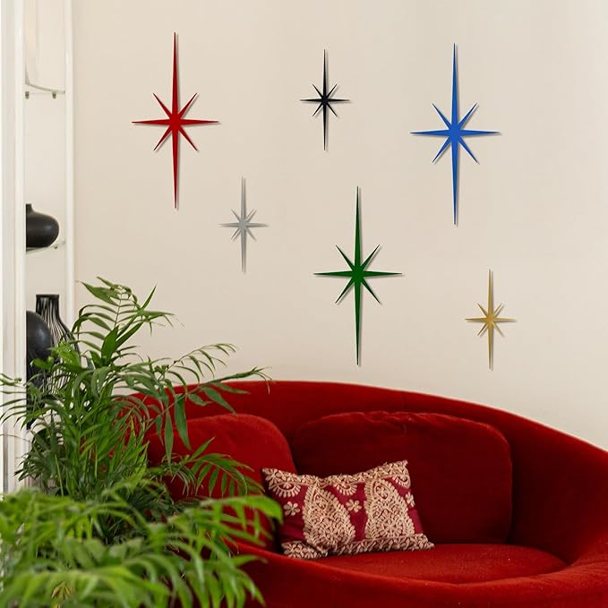 4 Pack Metal Star Wall Art 8 Pointed Starburst Wall Decor Set with 2 Large & 2 Small Pieces Mid Century Celestial Metal Wall Sculpture for Bedroom Living Room Office Gallery Wall