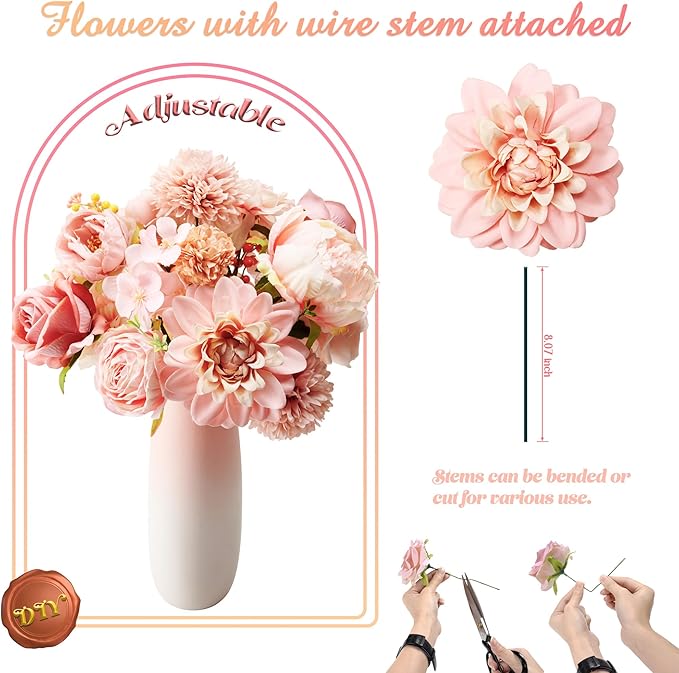 Artificial Flowers Combo Box, 30PCS Fake Flowers, Silk Flower Mix with Wire Stem, DIY Wedding Bridal Bouquet for Arrangement, Shower Party Home Décor, Blush Pink & Rose Mix
