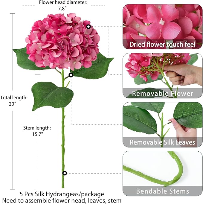 ZYTUYO 5 Pcs Magenta Silk Hydrangeas Artificial Flower Boho Dried Touch 20'' Faux Hydrangeas for Fall Home Decor Kitchen Living Room Porch Wreath Xmas Wedding Flower Arrangement
