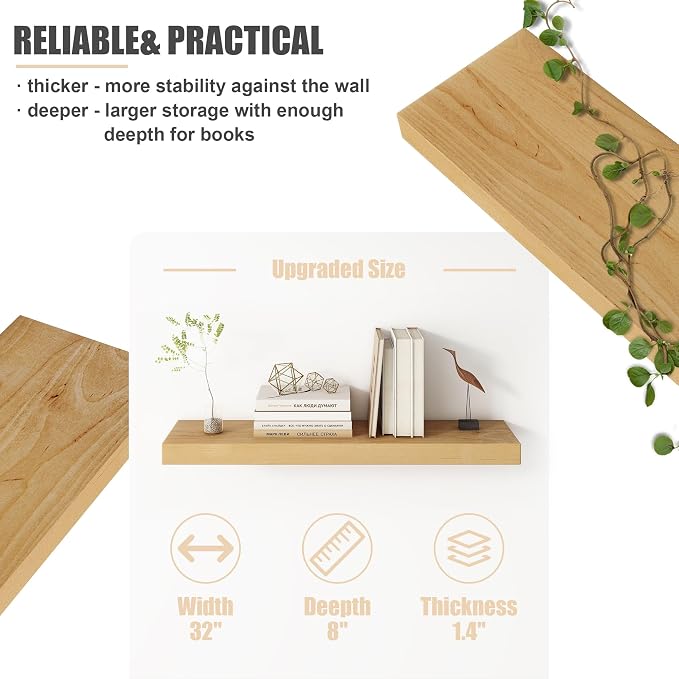 Floating Shelves for Wall, USA-Sourced Brich Wood 32 Inch Wall Shelves Set of 2, Natural Wooden Mounted Picture Ledge Shelf, Nursery Book Storage Shelf Kids Bookshelf Display, Shelf for Bathroom