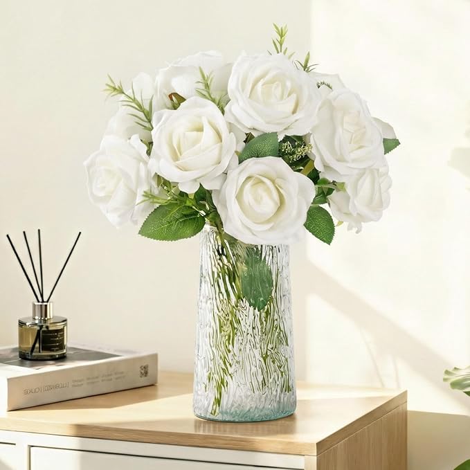 Lifewit Classic White Artificial Roses Flowers, Faux Long Stem Silk Roses Bulky for DIY Wedding Bouquets Decoration, Centerpieces Arrangements, Velentine,12 Pcs
