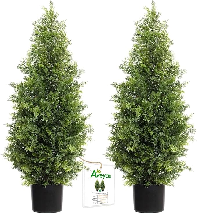 Aveyas 3ft Artificial Cedar Topiary Trees for Outdoor Front Porch Door, 3 Feet Faux Potted Plants Evergreen Fake Pine Cypress Tree for Outside Home Decor (3 ft Tall) - Set of 2 Pack