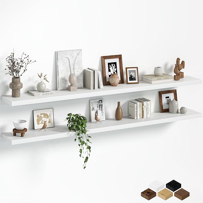 Fun Memories Floating Shelves for Wall, 72 Inch Long Set of 2 Rustic Wood Wall Shelves with Invisible Brackets, Heavy Duty Storage Display for Living Room Bedroom Kitchen, White