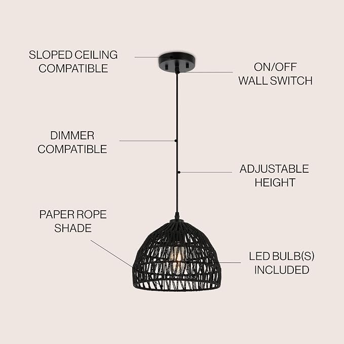 JONATHAN Y 10.25" Black Modern Bohemian Woven Rope LED Pendant Light Fixture, Adjustable Dome Ceiling Lamp for Kitchen Island, Rope Shade, Coastal Farmhouse Decor (JYL6513B)