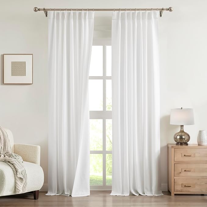 Central Park White Pinch Pleat Light Filtering Curtain 102 Inch Long Linen Blended Window Treatment Privacy Drape with Liner for Living Room Bedroom with Back Tabs Hooks, 40" Wx102 L, 2 Panels