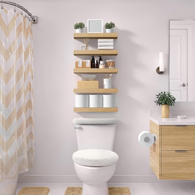 Sorbus Floating Shelves for Wall – 16 Inch Floating Shelf for Kitchen, Bedroom, Living Room, Bathroom, Home & Wall Decor - Mounted Bathroom Shelves with Invisible Brackets (Maple Wood, 5 Pack)