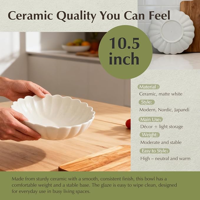 10.5” Large Ruffle Scalloped Fluted Bowl for Kitchen Counter, White Ceramic Flower Shaped Decorative Bowl , Versatile bowl with scalloped edgel for Entryway Key, Neutral Home Decor Centerpiece Bowl
