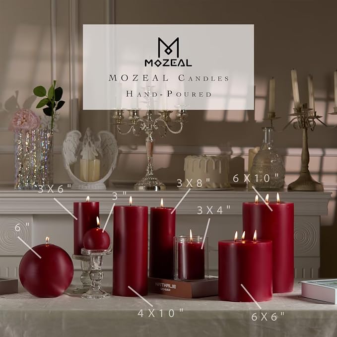 MOZEAL Hand-Poured, 3 Inch Dark Red Round Ball Candles - Elegant Dark Red Round Pillar Candles Set of 3, Dripless, Unscented, Smokeless, Ideal for Intimate Gatherings.