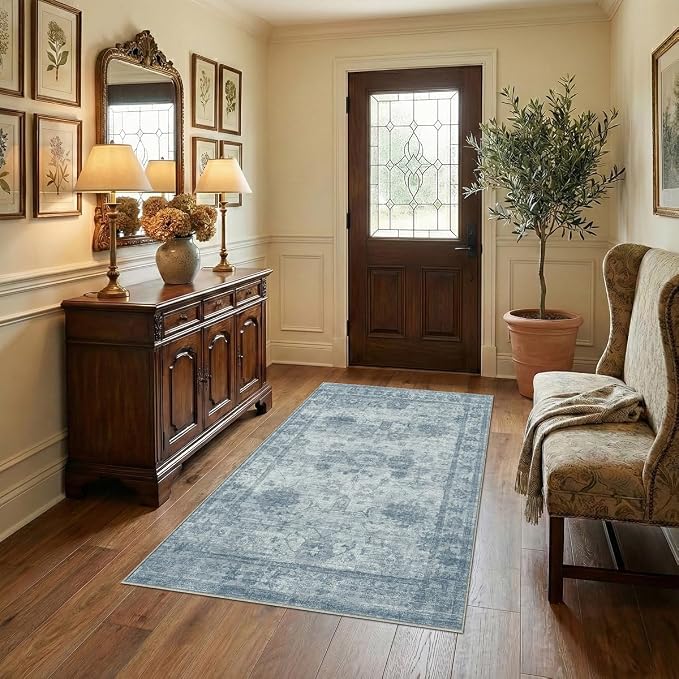 Homemate Washable Rug 4x6 Area Rugs - Vintage Faux Wool Rugs for Living Room Bedroom Dining Room - Non Slip Foldable Carpet Indoor Area Rug for Home Decor（4'x6', Blue