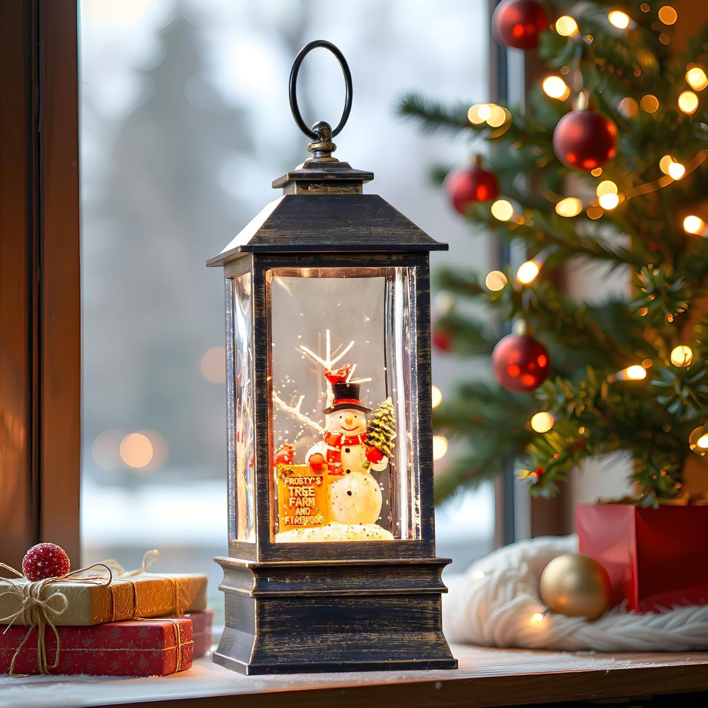 Christmas Snow Globe Lantern Water Glittering Snowman Christmas Tree Crown with Music, USB Lined Operated Lighted Lantern for Christmas Festival Decoration Gifts