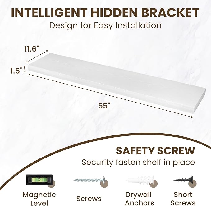 55 Inch Floating Shelves for Wall,12 Inch Deep Wall Shelves for Bathroom,Living Room,Bedroom,Kitchen,Decor,Floating Shelf with Invisible Heavy Duty Metal Bracket,Deep Long Shelf Wall Mounted,White