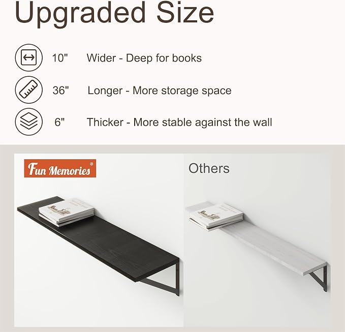 36"W x 10"D Floating Shelves, 10 Inch Deep Black Floating Shelves, Farmhouse Rustic Deep Wall Shelves for Home Decor, Wide Large Floating Shelf for Bathroom, Living Room, Kitchen, Study Room