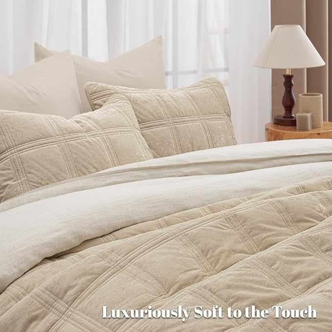 PHF Ultra Soft Velvet Quilt Set Twin Size – 2PCS Luxurious Cozy Quilted Comforter Alternative with Diamond Pattern, Warm Quilted Bedspread Coverlet, 68" x 92", Oxford Tan