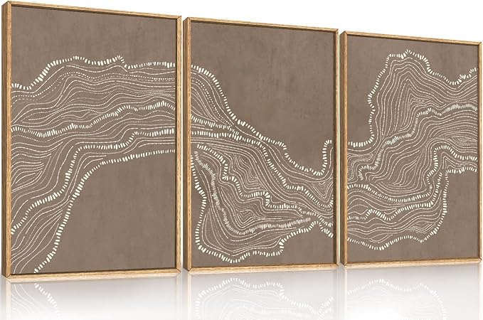 Abstract Line Wave Framed Canvas Wall Art Set,Geometric White Tan Art Painting,Modern Minimalist Wall Decor,Neutral Brown Artwork for Living Room,Bedroom,Dining Room,Office-16 x24 x3