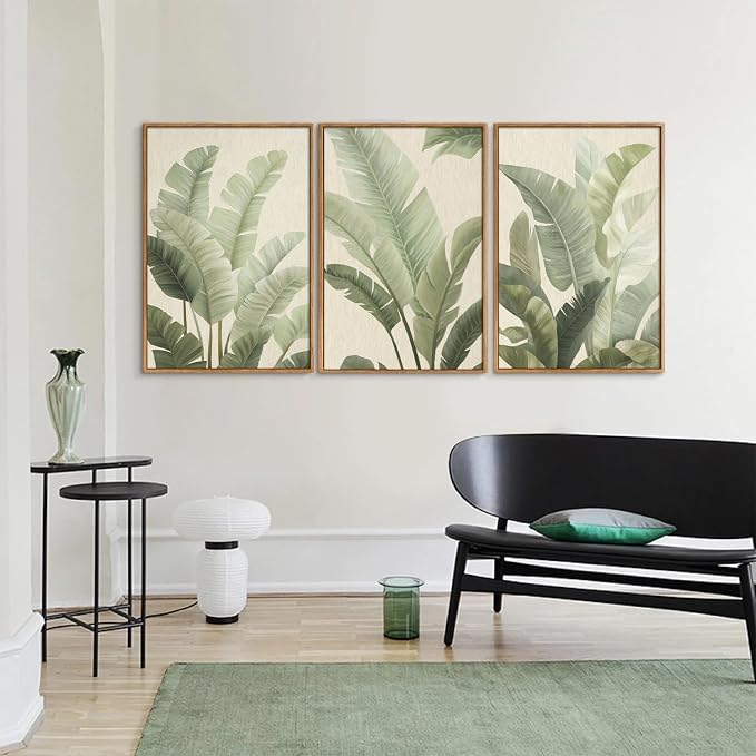 Rantodecor Sage Green Framed Canvas Wall Art, Minimalist Tropical Leaf Wall Decor, Boho Beige Nature Leaf Art Paintings, Bohemian Triple Panel Plant Artwork for Bedroom Living Room Office 24"x36"x3