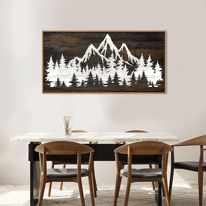 LHIUEM Large Mountain Tree Framed Canvas Wall Art,Modern White Forest Art Prints,Abstract Country Woodcut Wood Wall Decor,Farmhouse Zen Artwork for Living Room Bedroom Office-20''x40''