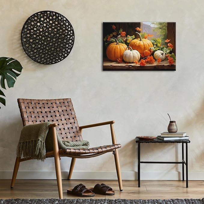 Pumpkin Canvas Wall Art Fall Pictures Maple Leaf Autumn Decor Thanksgiving Wall Framed Prints Rustic Halloween Themed Wall Decor Modern Artwork for Living Room Kitchen Bedroom Home Decorations 16x24”