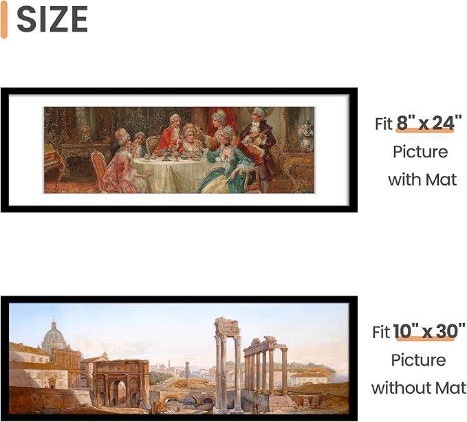 upsimples 10x30 Picture Frame, Display Pictures 8x24 with Mat or 10 x 30 Without, Wall Hanging Panoramic Frames, Black, 1 Pack