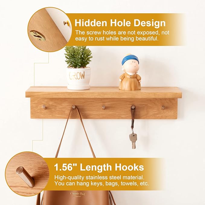 Coat Rack Shelf Wall Mounted Oak Wood Entryway Shelf with 6 Hooks Wall Coat Hook Rack with Floating Shelf for Bedroom, Living Room, Kitchen (Natural, 27.5 inch)